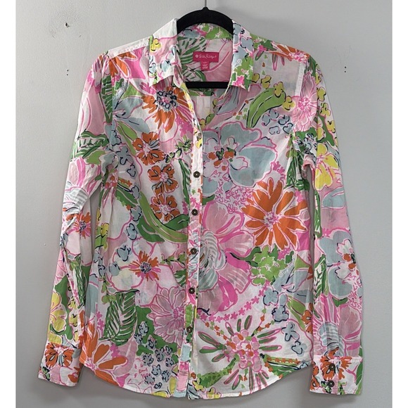 Lilly Pulitzer Tops - Lilly Pulitzer Women S Floral Bright Color Button Long Sleeve Resort Beach *READ